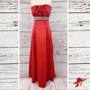 Steppin’ Out red long formal strapless beaded